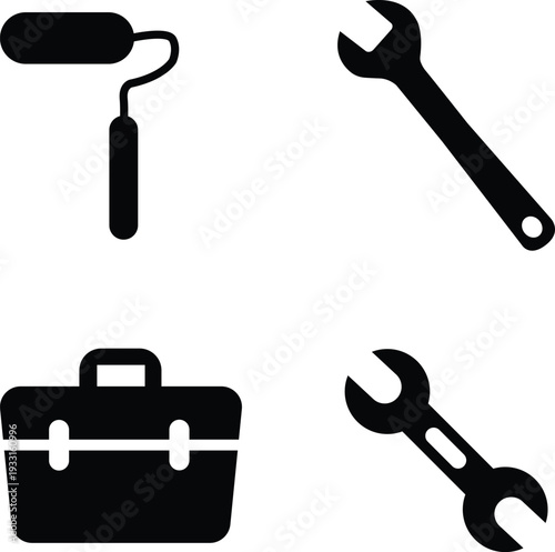 Tool Icons Set With Paint Roller Wrench And Toolbox