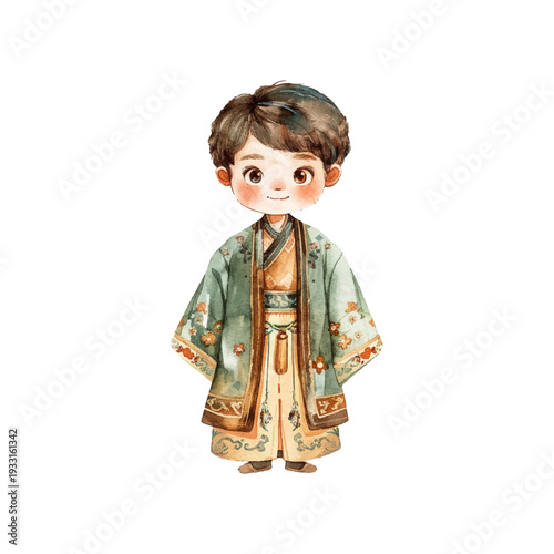 cute boy wearing chinese traditional clothes hand drawn illustration