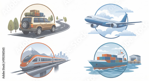 Set of 4 modern semi-flat vector transportation icons, minimalist travel vehicles illustrations isolated on white background