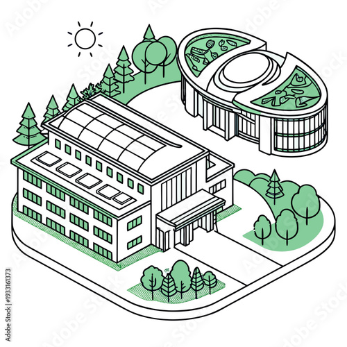 Sustainable campus with green buildings and trees innovation