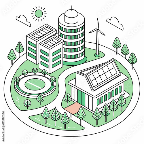 Sustainable campus with green buildings and renewable energy sources