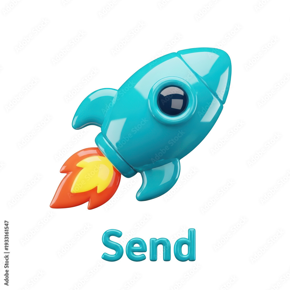 Obraz premium Blue rocket ship 3D icon with send text and fire exhaust blast symbolizing fast delivery, startup launch, and messaging on transparent background