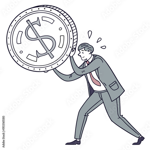 Businessman pushing large dollar coin suit money