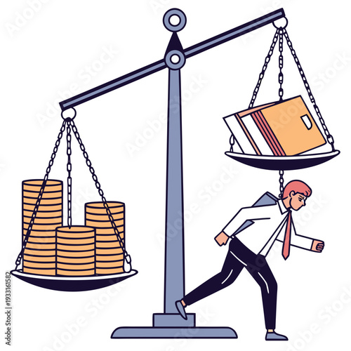 Businessman struggling under weight of financial burden and paperwork on scales