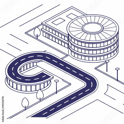 Aerial view of modern research park with oval ring road and circular building