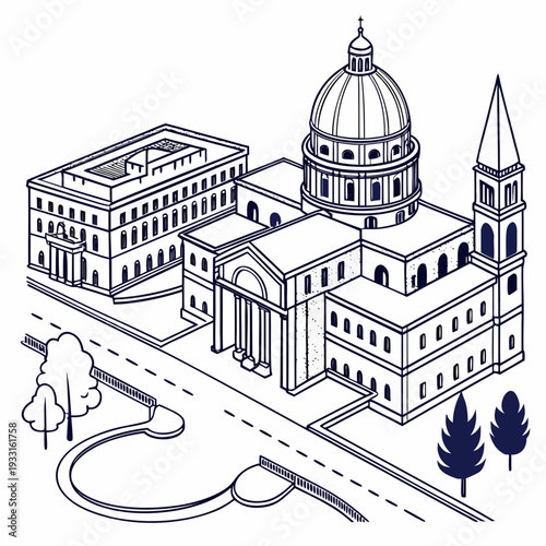 Isometric of a smart city campus with ring road and buildings