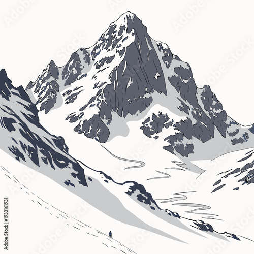 Snowy mountain cliff with a person in the distance