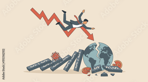 Businessman Falling Down with Red Stock Market Graph Arrow Due to Coronavirus Pandemic Impact on Global Economy, Financial Crisis Concept with Falling Dominoes and Cracked World Globe Map