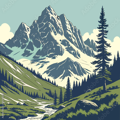 Snowy mountain peak with pine trees and stream green hills landscape