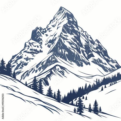 Snowy mountain summit with trees on slopes landscape