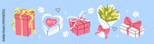 Mothers Day gift boxes, blooming flower bouquet and other celebration elements. Festive vector collection for greeting card, promotion, spring design.