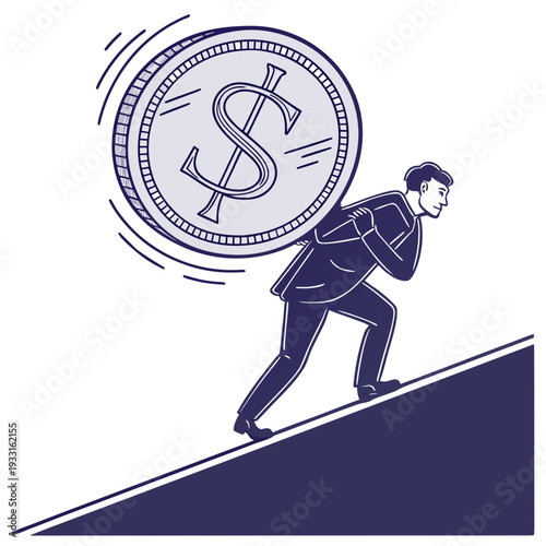 Businessman carrying large dollar coin up incline suit