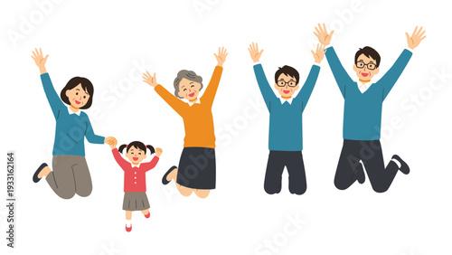 Happy diverse family members including grandparents, parents, and children jumping together in excitement on a white background.
