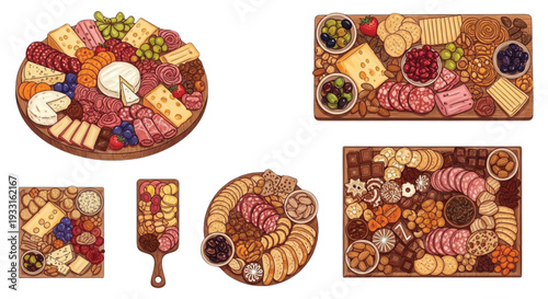 Gourmet Charcuterie Board Set with Cheese and Meats Vector Illustration Top View