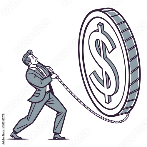 Businessman pulling large dollar coin with rope suit