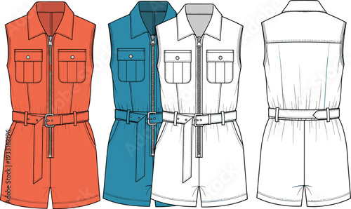 Sleeveless utility romper jumpsuit vector illustration, belted front zipper playsuit with cargo pockets, fashion flat sketch front and back view design