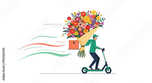 A swift delivery rider on an electric scooter transports a vibrant, oversized floral bouquet and a small package, symbolizing quick service.