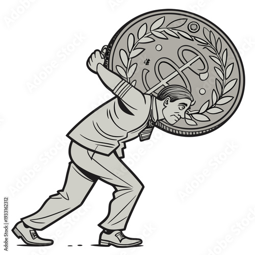 Man struggling to carry large coin with dollar sign