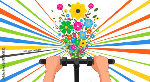 Hands on handlebars propel a vibrant explosion of colorful flowers against a radiating background, symbolizing joy, growth, and positive momentum.