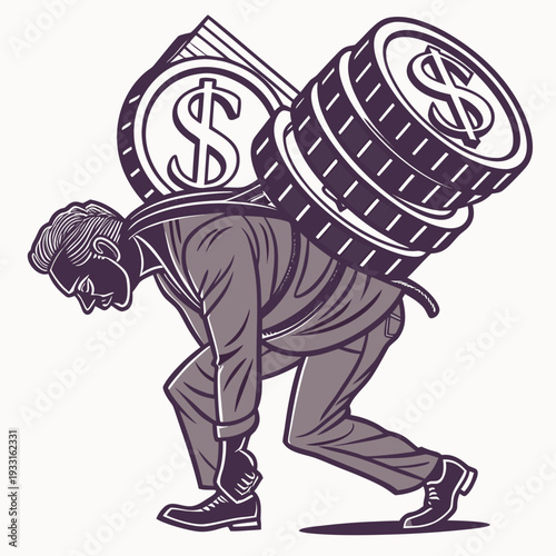 Man struggling under weight of stacked coins and money