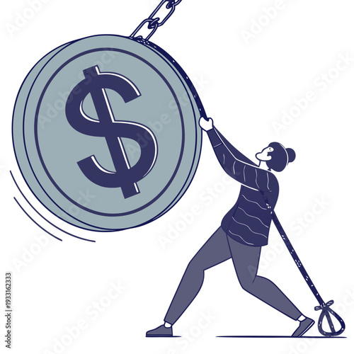 Man pushing large dollar coin with crowbar person