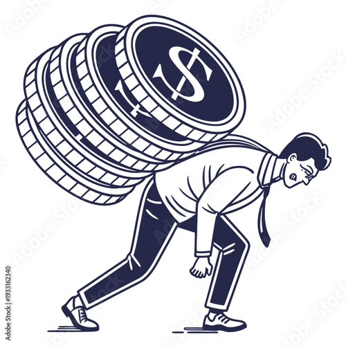 Man struggling under heavy coins with dollar sign on