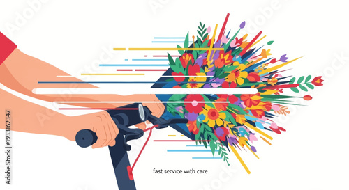 A person swiftly delivers a vibrant, exploding bouquet of fresh flowers on an electric scooter, symbolizing fast and careful service.