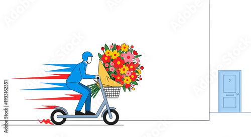 A speedy delivery rider on an electric scooter transports a large, colorful bouquet of fresh flowers to a customer's doorstep, symbolizing prompt service.