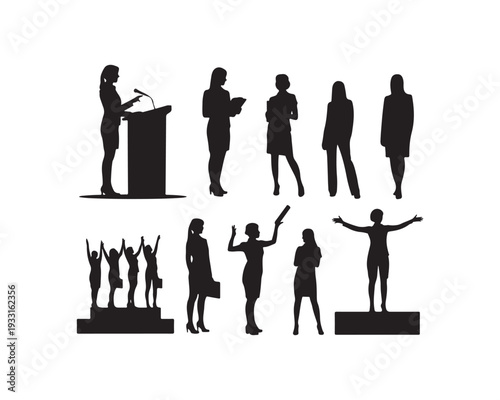 Diverse female silhouettes in celebratory and poses on white background woman group business