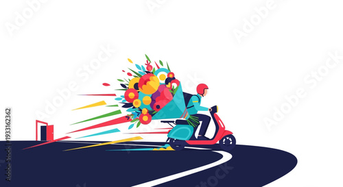 A speedy delivery person on a vibrant scooter races along a winding road, carrying a colorful, abstract bouquet or gift, symbolizing fast and efficient service.