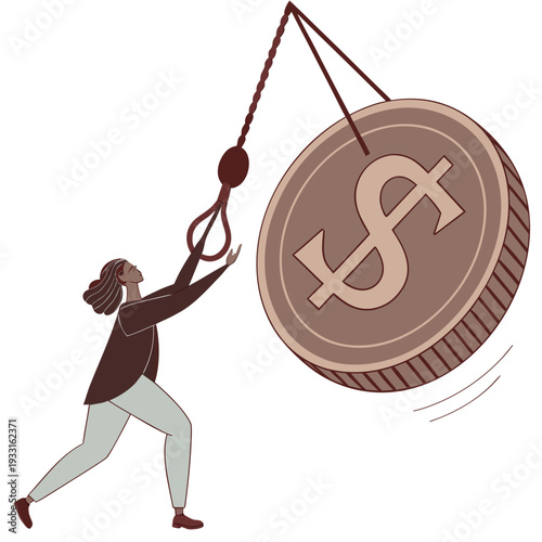 Woman pulling large dollar coin with rope person