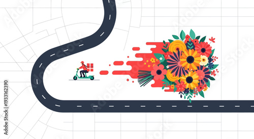 A rapid scooter courier delivers a package, leaving a vibrant trail of colorful flowers along a winding road, illustrating efficient online gift services.