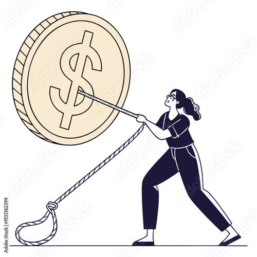 Woman pulling large coin with dollar sign using rope