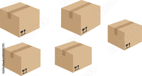 Isometric Cardboard Shipping Box Set with Fragile Symbol Brown Package Delivery Vector Illustration Collection