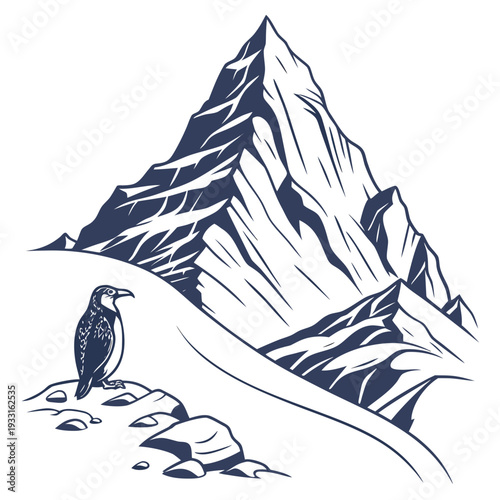 Dark blue of bird on rocky outcrop with sharp icy mountain summit