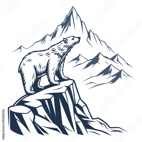 Polar bear on rocky mountain peak with snowcapped mountains background