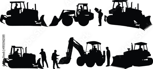 Heavy construction machinery silhouettes with operators and engineers, bulldozer excavator loader and tractor vehicles isolated on white background, black vector illustration set