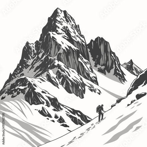 Monochrome of snowcapped mountain summit with hiker