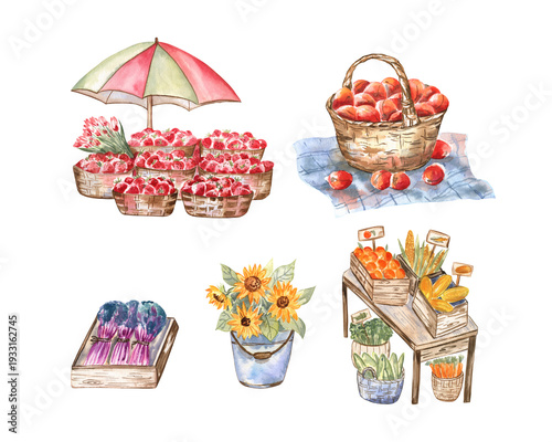 Cute set of watercolor illustrations of the farmer's market fruits and vegetables: strawberry stall, table with vegetables in crates, sunflowers, and a basket of peaches
