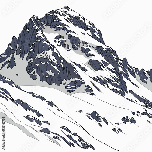 Snow covered rocky mountain summit with steep slopes and jagged peaks