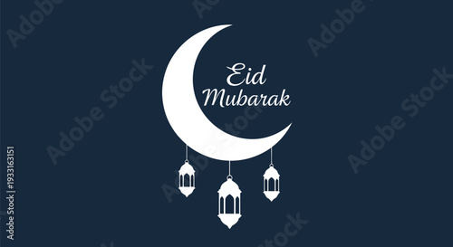 Eid Mubarak crescent moon and lanterns vector illustration for Islamic holiday greeting card