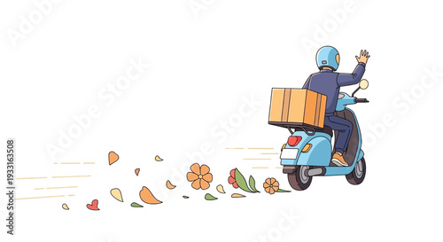 A friendly delivery rider on a blue scooter waves goodbye, leaving a whimsical trail of vibrant flowers and autumn leaves, symbolizing swift, pleasant service.