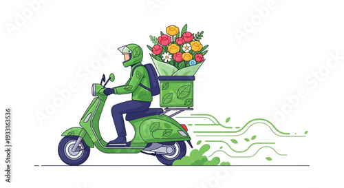 A dedicated delivery rider on a modern green scooter transports a beautiful, colorful flower bouquet, emphasizing efficient and eco-conscious service.