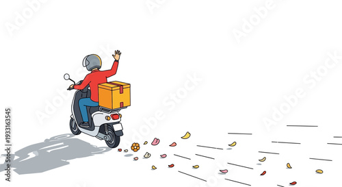 A delivery person on a scooter waves goodbye while money flies out from behind, illustrating the rapid costs associated with fast service or financial loss during transport.