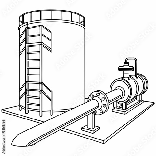 Line industrial gas pipeline connected to cylindrical tank