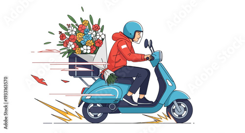 A dedicated delivery driver swiftly navigates a blue scooter, carrying a large, colorful bouquet of fresh flowers for a special and timely arrival.