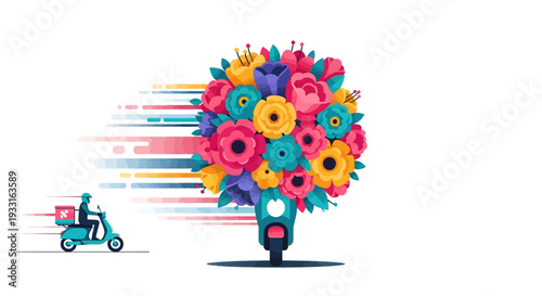 A speedy delivery person on a scooter rushes to deliver a vibrant, beautiful bouquet of fresh flowers, symbolizing efficient gift service and quick celebration.