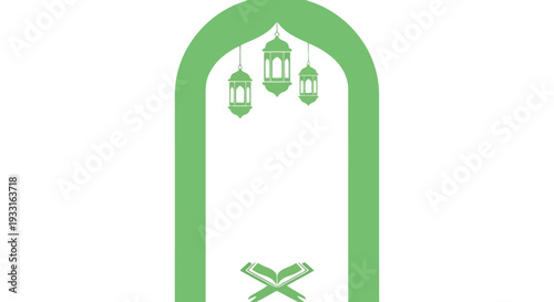 Islamic mosque arch with lanterns and Quran book green minimalist vector illustration