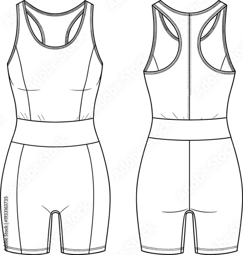 Women athletic romper bodysuit vector illustration, front and back view, sleeveless fitted sportswear with racerback design, fashion technical flat sketch template