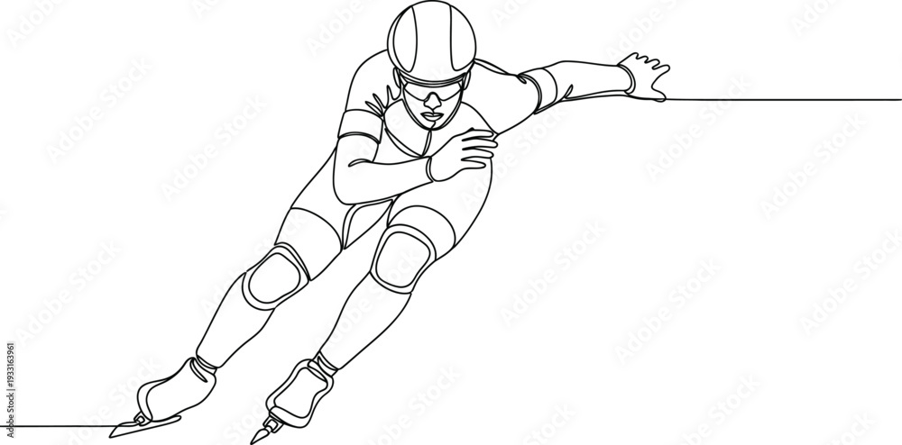 Fototapeta premium Single continuous line drawing of a speed skater in dynamic motion representing winter sport energy
